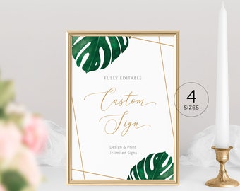 Custom Tropical Monstera Wedding Sign Template, Table Sign, Printable Gold Geometric Green Custom Wedding Signs, 5x7 8x10, 100% Editable 003
