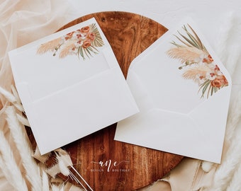 Boho Terracotta Pampas Grass Wedding Envelope Liner Template, Burned Orange, A1, A2, A7, DIY Printable Envelope Liners Instant Download 017b