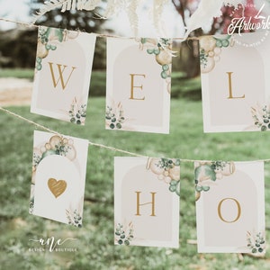 Modello di banner per baby shower Boho verde salvia, carte di benvenuto 5x7 di genere neutro modificabili, palloncino Boho Pampas disattivato, download digitale 035