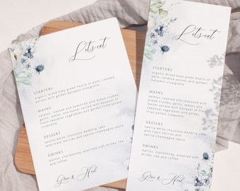 Editable Dusty Blue Wedding Menu Template, Winter Boho Wildflowers Printable Dinner Menu Card, Steel Blue Botanicals, Instant Download 026