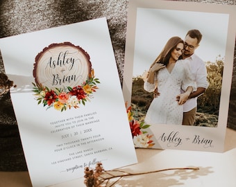 Fall Rustic Wedding Invitation Suite Printable Template, Editable Boho Autumn Flowers Invite, Barn Wood Country Set Digital Download DIY 018