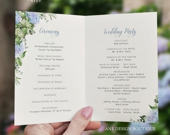 Blue Hydrangea Wedding Church Booklet Program Printable Template, Rustic Ceremony Bi-Fold DIY Editable Order of Service Digital Download 019