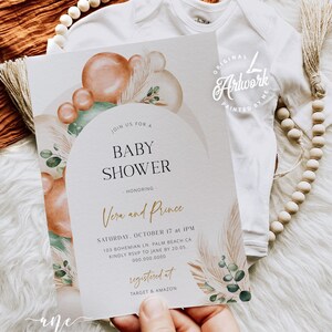 Boho meisje baby shower uitnodiging set afdrukbare sjabloon, bewerkbare luier loterij teken, boeken kaart, ballon boog perzikgroen, download 035p