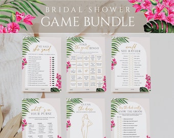 Tropical Bridal Shower Games Signs Tickets Bundle Editable Template, Pink Bougainvillea Boho Wedding Shower Games Printable Download 002b