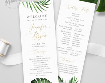 Tropical Wedding Program Template, Printable Order of Service, Beach Wedding, Palm Leaf Monstera Original Artwork,100% Editable Download 002