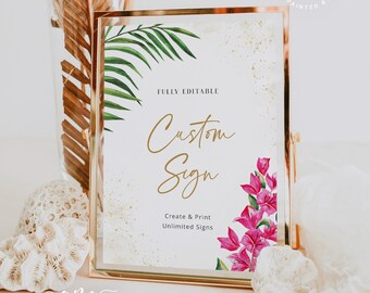 Tropical Destination Wedding Sign Template, Editable Beach Pink Bougainvillea Table Sign, Printable Custom Wedding Signs DIY, 5x7 8x10, 002b