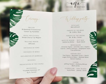 Tropical Monstera Wedding Program Booklet Template, Bi-Fold Church Booklet, Editable Printable Order of Service, Ceremony Inst Download 003