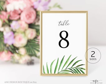 Tropical Table Numbers Template, Printable Wedding Table Seating Card, Beach Palm Leaf Greenery, Editable, Printable, Templett, Download 002