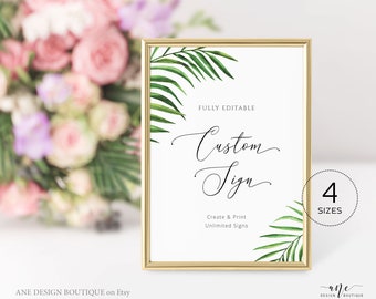 Tropical Destination Wedding Sign Template, Editable Beach Palm Leaf Watercolor Table Sign, Printable Custom Wedding Signs, 5x7 8x10, 002