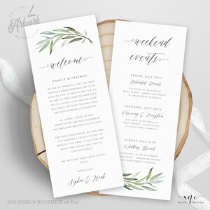 Plantilla de itinerario de carta de bienvenida de Greenery, Orden de eventos de boda Boho Nota de bolsa de bienvenida editable, 100% editable, imprimible, Descargar 008