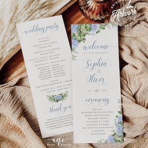 ブルーアジサイの結婚式プログラムの印刷可能なテンプレート、素朴な式典プログラム DIY、カントリーバーンの編集可能な結婚式の儀式の順序のダウンロード 019