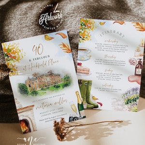 May include: Watercolor-style invitation and itinerary for a 40th birthday celebration. The invitation features a stately building illustration, text, and autumn leaf accents. The itinerary includes activities like cocktails, spa days, and dining.