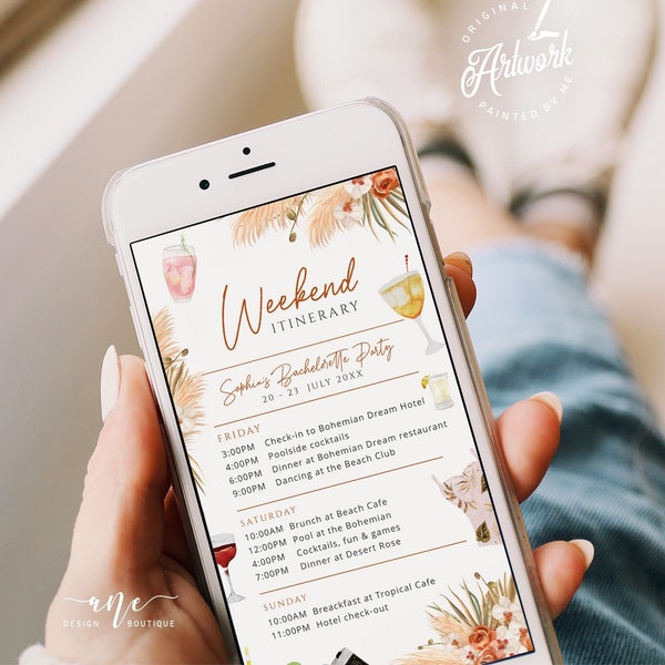 Digital Boho Bachelorette Weekend Itinerary Template, Terracotta Pampas Grass Electronic Invitation Bridal Shower Weekend Program, DIY 017b