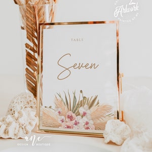 Pampas Wedding Table Number Card Template, Desert Dried Tropical Beach, Boho Modern Wedding Table Number Editable Printable DIY Download 017