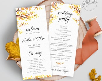 Rustic Fall Tree Printable Wedding Program Template, Country Autumn Old Oak Wedding Editable Order of Service, Burned Orange Leaves, DIY 020