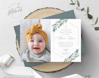 Photo Greenery Baptism Invitation Template, Announcement, Geometric Gold, Boy Girl Neutral Christening Invite, Editable Instant Download 004