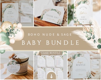Sage Boho Arch Baby Shower Stationery BUNDLE Template, Editable Diaper Raffle, Welcome Sign, Muted Gender Neutral Games, Download DIY 035