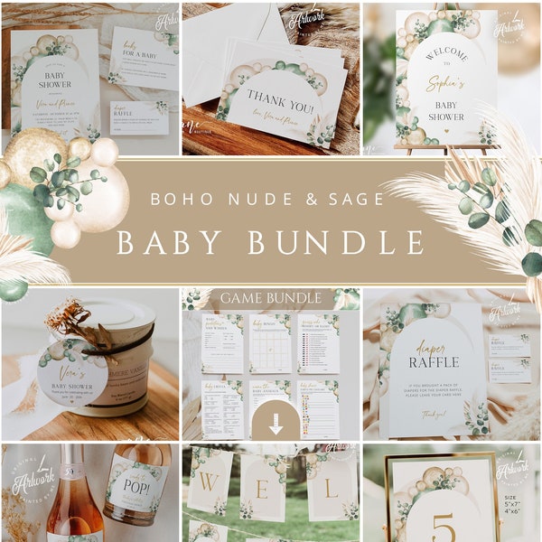 Sage Boho Arch Baby Shower Stationery BUNDLE Template, Editable Diaper Raffle, Welcome Sign, Muted Gender Neutral Games, Download DIY 035