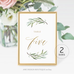 Boho Greenery Gold Text Table Number Card Template, Olive Wedding Table Card 4x6 5x7, Original Sage Aquarelle, Modifiable, DIY, Imprimable 008 image 1