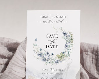 Dusty Blue Wedding Save The Date Template, Wild Flowers Boho Wreath Printable Engagement Date Announcement Card, Digital Download DIY 026