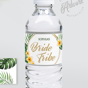 Tropical Beach Bridal Shower Water Label Template, Palm Leaf Monstera Bachelorette Wedding Water Label, Printable Editable DIY Download 002f