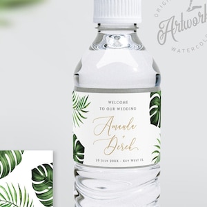 Tropical Beach Wedding Water Label Template, Palm Monstera Editable Bridal Shower, Bachelorette Party Favor Printable, Instant Download 002