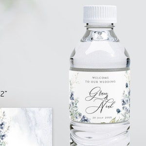 Dusty Blue Wedding Water Label Template, Boho Winter Wildflowers Bridal Shower Bachelorette Water Label, Editable, Printable, Download 026