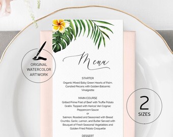 Tropical Greenery Wedding Menu Template, Editable Printable Dinner Menu, Hawaii Bridal Shower Menu, Beach Palm Leaf Monstera, Download 002f