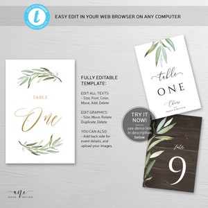 Boho Greenery Gold Text Table Number Card Template, Olive Wedding Table Card 4x6 5x7, Original Sage Aquarelle, Modifiable, DIY, Imprimable 008 image 4