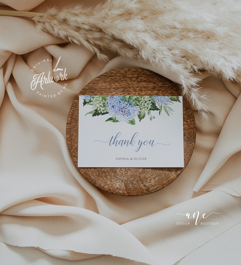 Dusty Blue Hydrangea Thank You Card Template, Editable Flat & Folded ...