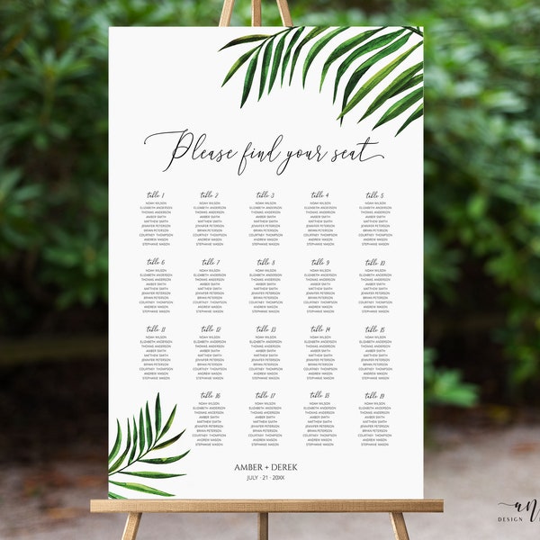 Tropical Beach Seating Chart Template, Greenery Wedding Bridal Sign Table Plan, Palm Leaf Decoration, 100% Editable, A1 A2, Printable 002