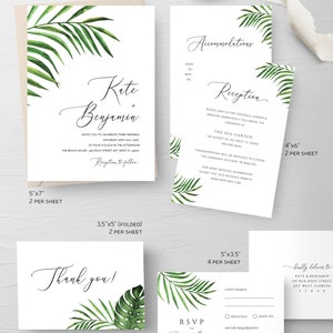 May include: Tropical wedding invitation suite with green palm leaves and white background. The invitation includes the couple's names, wedding date, time, and location. The RSVP card includes the couple's names and a request for a response by January 1st. The thank you card features a simple design with the words "Thank you!" in elegant script.