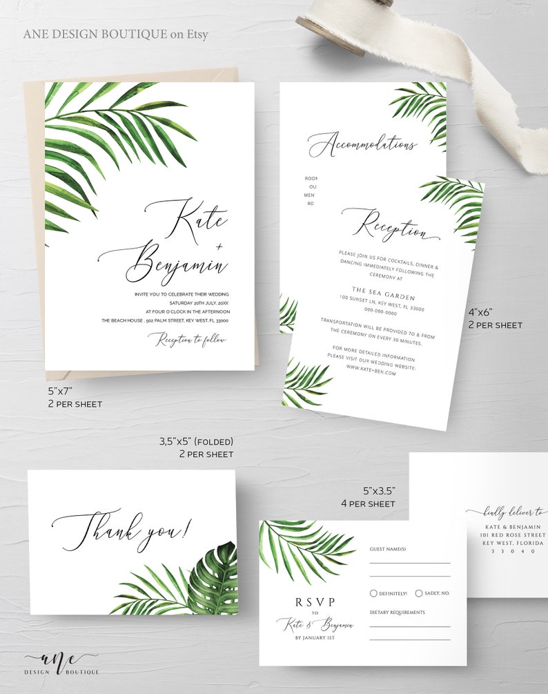 May include: Tropical wedding invitation suite with green palm leaves and white background. The invitation includes the couple's names, wedding date, time, and location. The RSVP card includes the couple's names and a request for a response by January 1st. The thank you card features a simple design with the words "Thank you!" in elegant script.