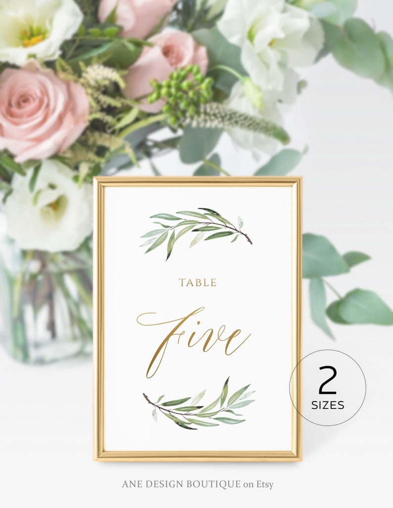 Boho Greenery Gold Text Table Number Card Template, Olive Wedding Table Card 4x6 5x7, Original Sage Aquarelle, Modifiable, DIY, Imprimable 008 image 1