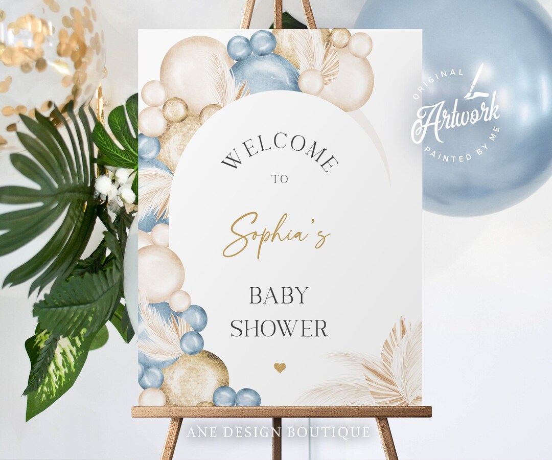 Boho Dusty Blue Baby Boy Shower Welcome Sign Template, Editable Poster ...