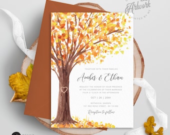 Rustic Fall Tree Wedding Invitation Set Printable Template, Autumn Old Oak Carved Heart, Burned Orange Leaves 100% Editable Download DIY 020