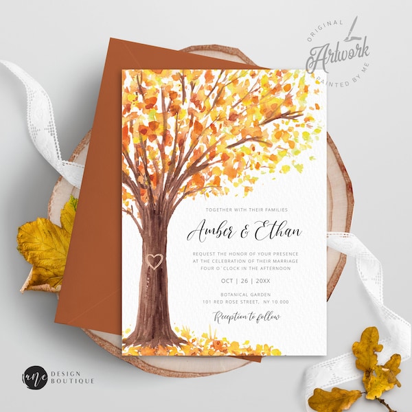 Rustic Fall Tree Wedding Invitation Set Printable Template, Autumn Old Oak Carved Heart, Burned Orange Leaves 100% Editable Download DIY 020