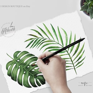 May include: Watercolor illustrations of tropical leaves, including a palm frond and a monstera leaf. The leaves are painted in shades of green and are set against a white background. The artwork is hand-painted and is perfect for adding a touch of nature to your designs.