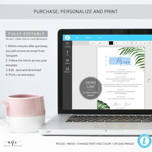 May include: Editable wedding menu template with a tropical theme. The menu features a blue and white watercolor design with palm leaves and the text "Menu" in a light blue box. The text "Ally & David" and "July 20, 2020" are also included.