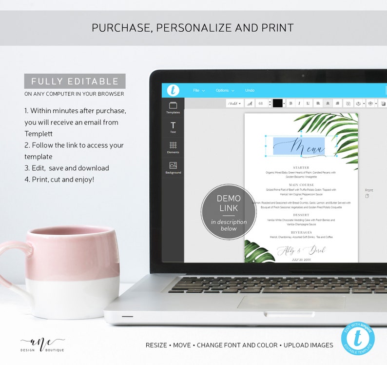 May include: Editable wedding menu template with a tropical theme. The menu features a blue and white watercolor design with palm leaves and the text "Menu" in a light blue box. The text "Ally & David" and "July 20, 2020" are also included.