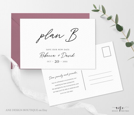 Fully Editable Inst Download 008 Greenery Postponed Wedding Postcard Template Change the Date Printable Change of Plans Announcement Card
