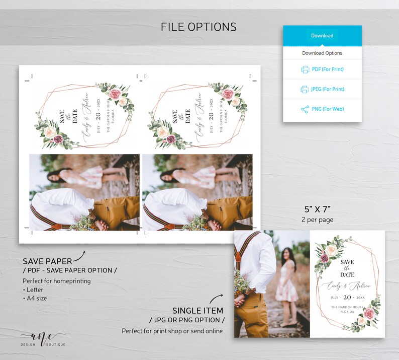 Mauve Rose Printable Boho Wedding Date Announcement Card with Photo Editable Rustic Photo Save The Date Template Download Templett 007