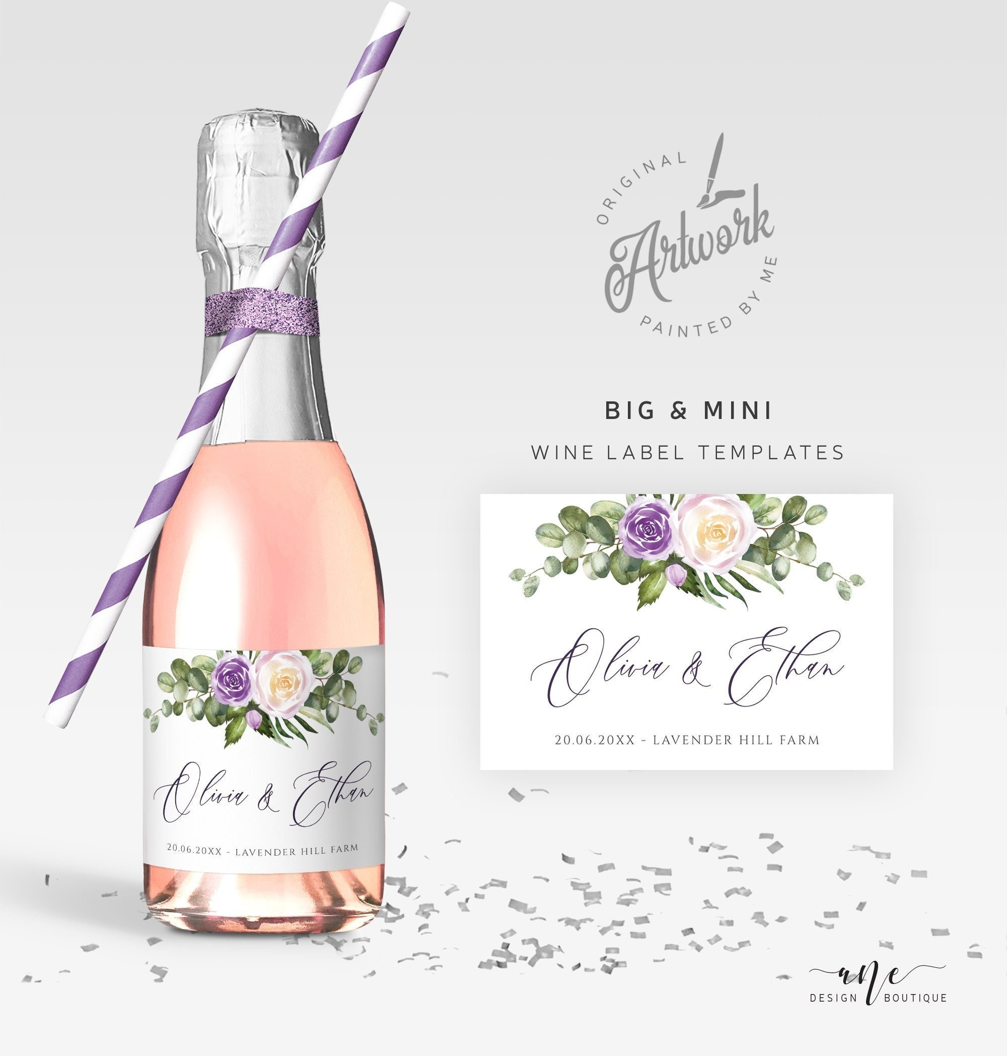 Purple Floral Mini & Full Champagne Label Template Bubbly - Etsy