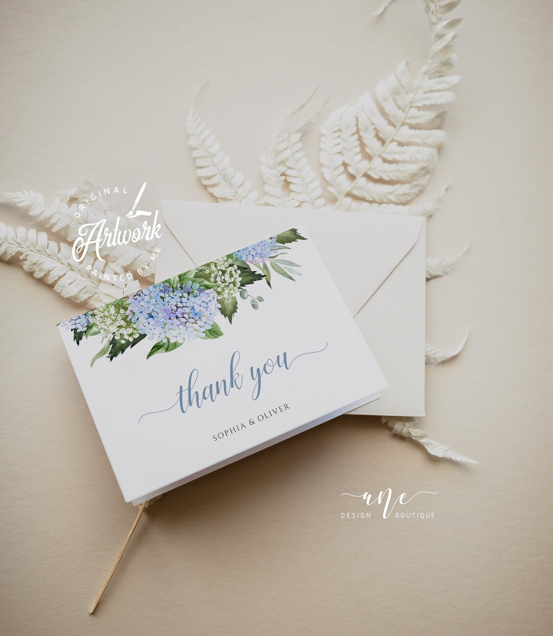 Dusty Blue Hydrangea Thank You Card Template, Editable Flat & Folded ...