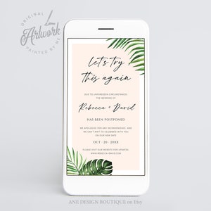Tropical Digital Uitgesteld Bruiloft Tekst Sjabloon, Verander de datum Afdrukbaar, Opnieuw gepland Uitstel Aankondiging Evite Card, Download, 002