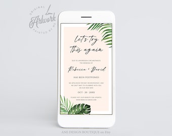 Tropical Digital Postponed Wedding Text Template, Change the Date Printable, Rescheduled Postponement Announcement Evite Card, Download, 002