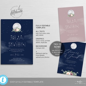 Celestial Moon Wedding Invitation Set Template, Starry Night Sky Wedding Suite, Mystic Sacred Geometry, Navy Blue Galaxy Space, Editable 022 image 6