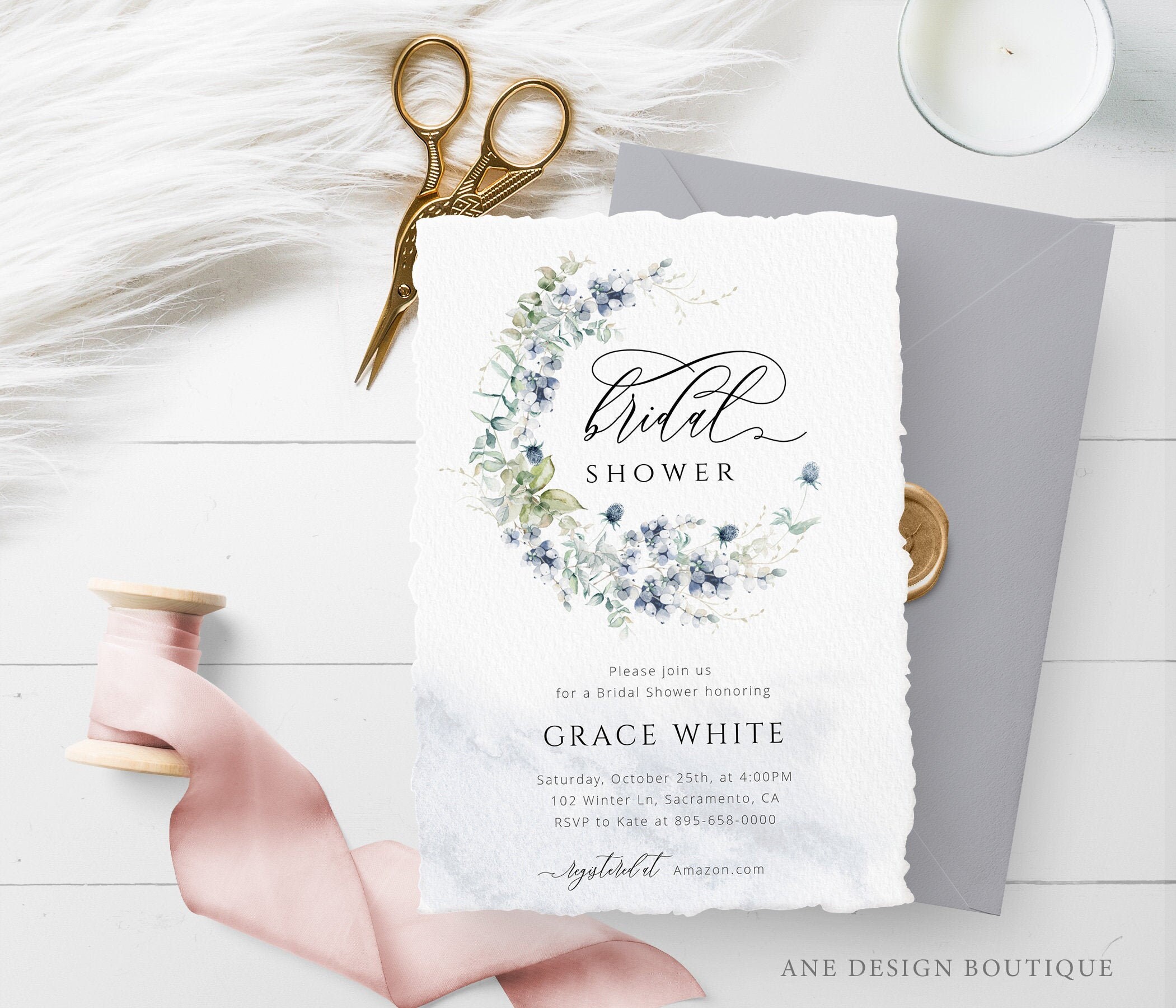 Dusty Blue Bridal Shower Invitation Template Winter Couple Etsy