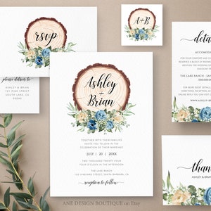 Dusty Blue Rustic Wedding Invitation Set Printable Template, Eucalyptus Greenery Baby&#39;s Breath, Wood Country Barn, Editable, Download 018bc