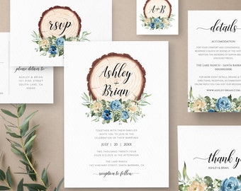 Dusty Blue Rustic Wedding Invitation Set Printable Template, Eucalyptus Greenery Baby's Breath, Wood Country Barn, Editable, Download 018bc